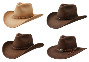 Set of four cowboy hats in different shades of brown and beige with leather bands isolated on a white background, perfect for western fashion, country style, rodeo, and vintage accessories