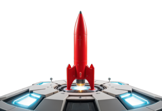 Retro Red Rocket on Sci-Fi Launch Pad with transparent background