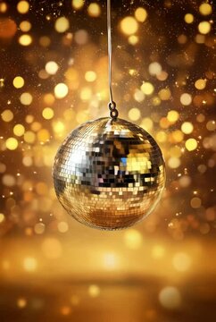 Spinning disco ball with golden bokeh background. Retro party decoration. Shiny silver mirror ball on glowing holiday backdrop for nightclub or Christmas. Vertical video
