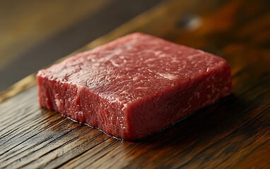 a piece of raw meat on a wooden surface