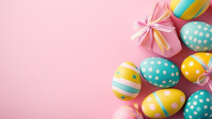 Fototapeta premium Colorful Easter eggs and gift cards arranged with a vibrant pink background flag design, embodying the joyful spirit of Happy Easter and the beauty of spring.