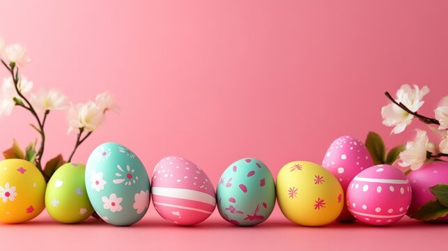 Colorful Easter eggs and gift cards arranged with a vibrant pink background flag design, embodying the joyful spirit of Happy Easter and the beauty of spring.