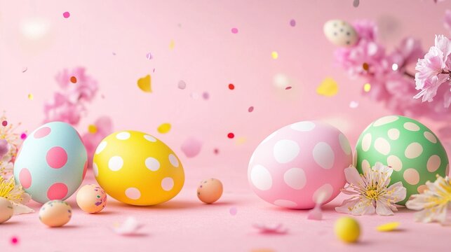 Colorful Easter eggs and gift cards arranged with a vibrant pink background flag design, embodying the joyful spirit of Happy Easter and the beauty of spring.