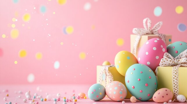 Colorful Easter eggs and gift cards arranged with a vibrant pink background flag design, embodying the joyful spirit of Happy Easter and the beauty of spring.