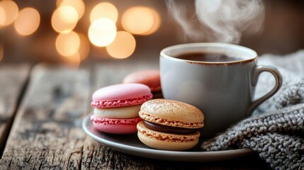 colorful macaroons in a cup with a cup of coffee