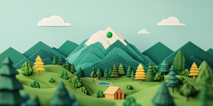 project process coordination concept. Colorful paper landscape with mountains, trees, and a small cabin.
