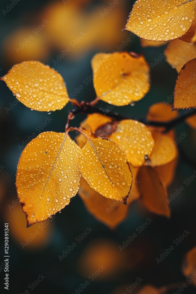 Poster a close-up view of a leaf with water droplets glistening on its surface