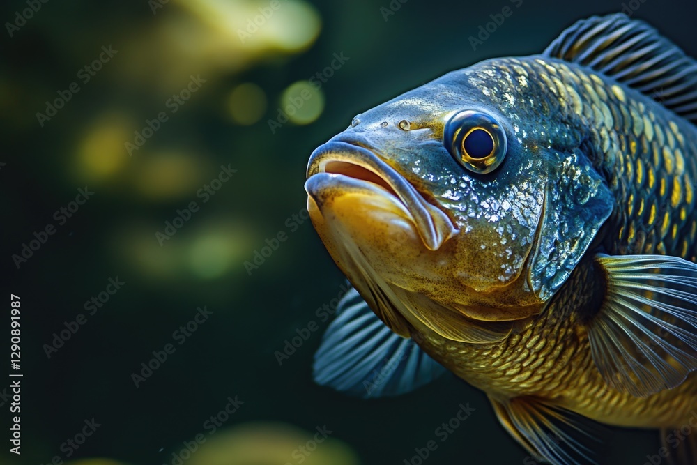 Poster a clear image of a fish's face with blurred surroundings