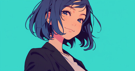 Elegant Cute Japanese Woman with Short Blue Hair Wearing Outfit Perfect for Anime Illustrations and Stylish Visuals