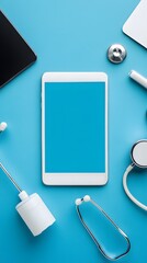 Tablet and laptop with healthcare technology magazine on desk in modern office setting with realistic lighting