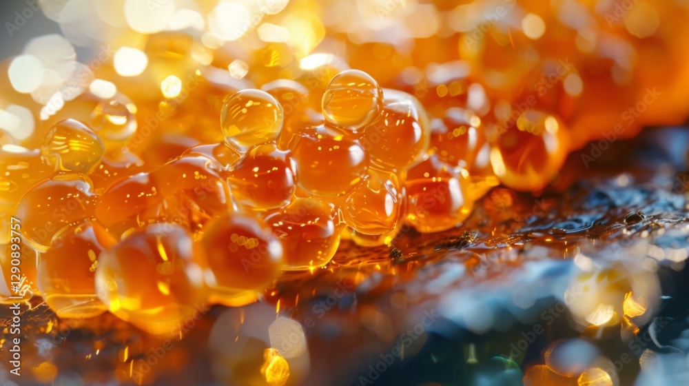 Poster Close up view captures a cluster of translucent orange spheres reflecting light beautifully, revealing intricate textures and creating an artistic visual effect