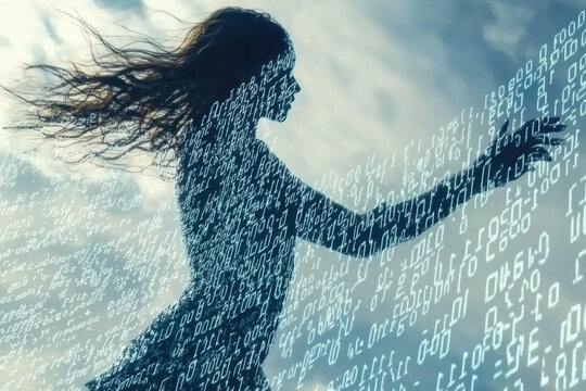 A woman stands in silhouette with her hair flowing, reaching towards a swirling display of binary code against a vibrant, cloudy sky during the day. Generative AI - Powered by Adobe