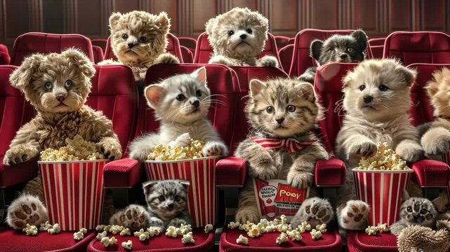 Adorable kittens and puppies eagerly watch a film in a theater, munching on popcorn and displaying playful expressions
