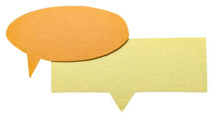 Orange yellow blank cut out cardboard paper speech bubbles with rough edges and copy space for text on transparent png background conversation discussion design element