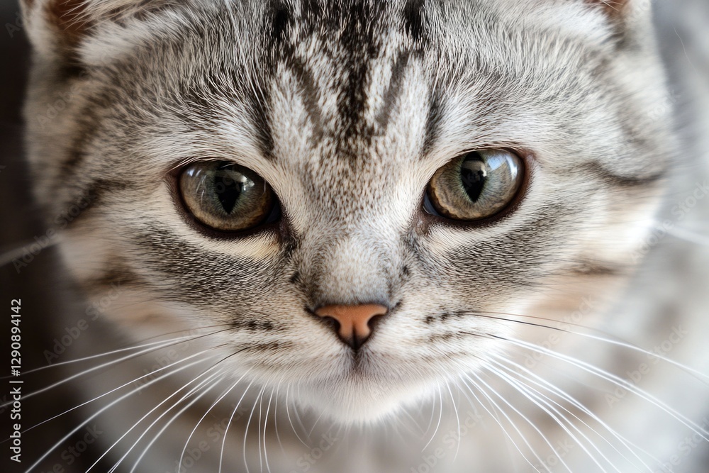 Poster a close-up view of a curious cat gazing directly into the lens