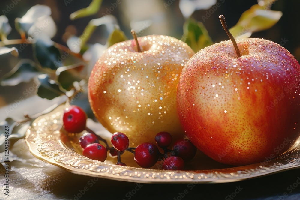 Poster two apples and some berries arranged on a plate