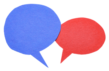 Blue red blank cut out cardboard paper speech bubbles with rough edges and copy space for text on transparent png background conversation discussion design element