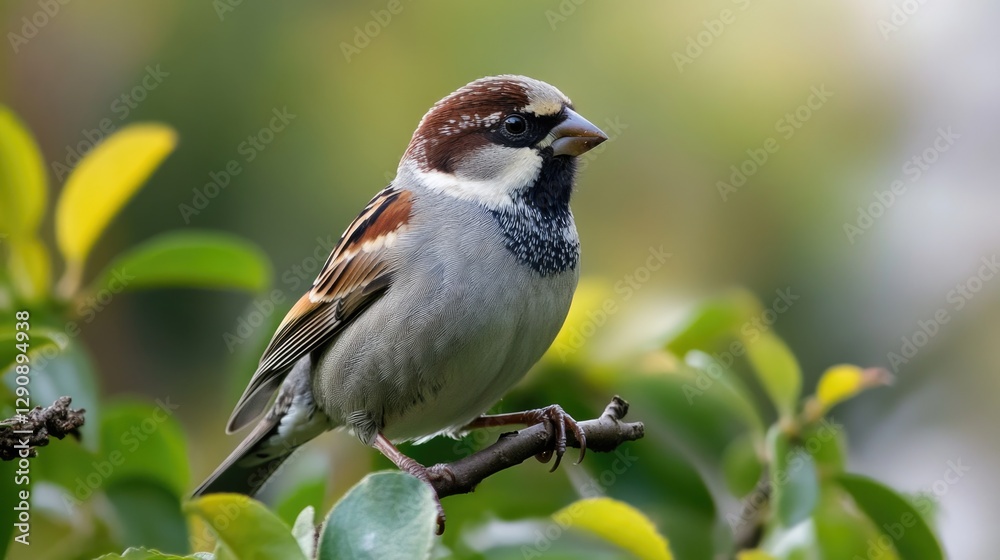 Poster a small bird sits comfortably on the branch of a tree, looking out into the distance