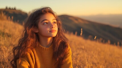 Girl with long brown hair looks towards sunset in field