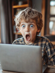 Boy shows surprise while using a laptop at home