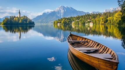 Obraz premium Wooden Boat Docked on a Calm Lake – Serene Waters and Tranquil Nature Setting