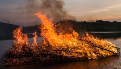 Fototapeta premium Burning driftwood lights up the riverbank as flames flicker in the evening light