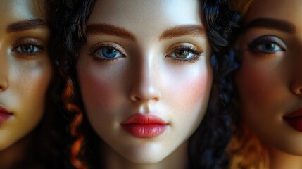 Three dolls representing a woman with different colored eyes - blue, green and brown