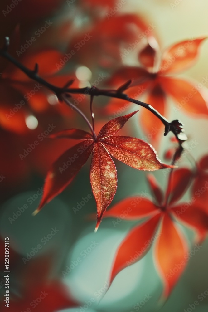 Poster a detailed view of a vibrant red leaf on a tree branch
