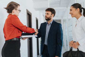 A diverse group of business people meet in a modern office setting. They engage in a handshake, showcasing teamwork, collaboration, and a positive business relationship.