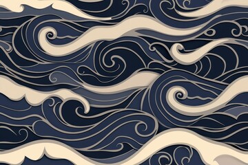 Fototapeta premium Abstract Seamless Pattern of Stylized Ocean Waves in Navy Blue and Beige