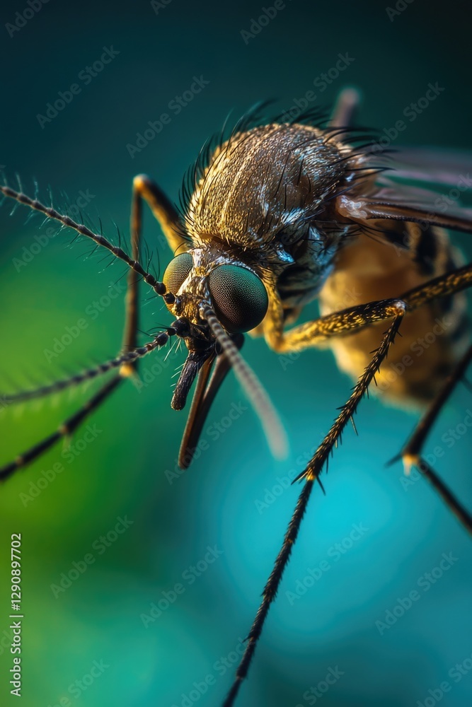 Poster mosquito perched on a twig, its tiny features in focus