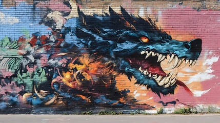 Naklejka premium Captivating Mythological Dragon Graffiti Mural on Bordeaux Urban Wall
