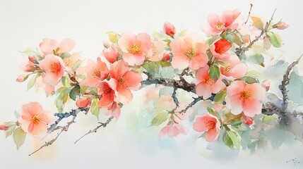 A delicate watercolor painting of blooming flowers on a branch, showcasing nature's beauty.
