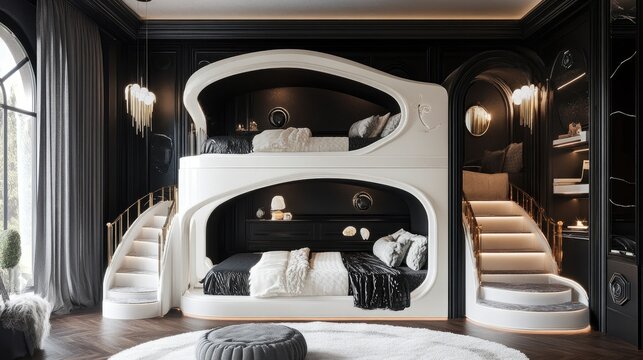 Elegant black-and-white themed bedroom with a sophisticated bunk bed design.