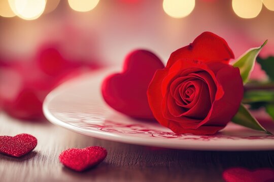 A single red rose sits on a white plate, perfect for romantic dinner or special occasion