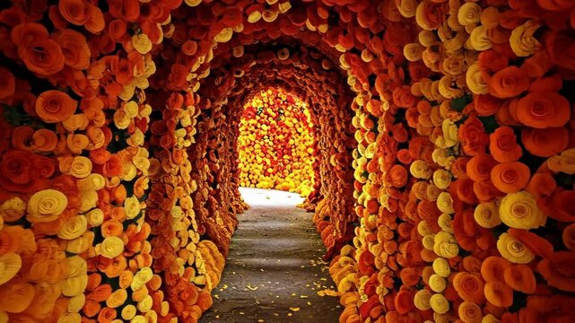 Tunnel of marigold flowers creating a vibrant archway with warm orange and yellow tones, symbolizing celebration. ai