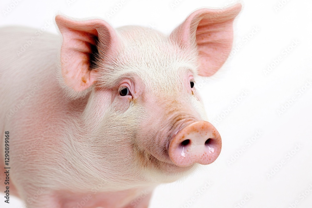 Poster a close-up view of a pig's face on a white background, ideal for use in illustrations, designs, or e