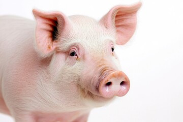 A close-up view of a pig's face on a white background, ideal for use in illustrations, designs, or editorial content