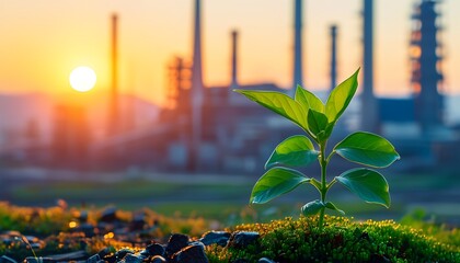 Emerging greenery against industrial backdrop urban environment nature photography sunrise setting close-up viewpoint environmental symbolism