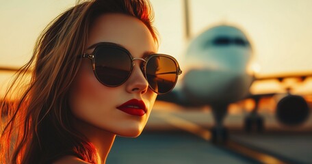 Une femme jeune et séduisante portant des lunettes de soleil et du rouge à lèvres se tenant sur la piste d'atterrissage d'un aéroport devant un avion flou en arrière-plan. 