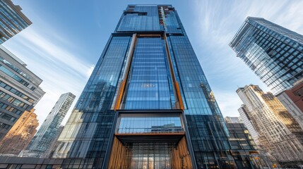 Fototapeta premium Modern skyscraper, city skyline, glass facade, urban architecture, business district, low angle view, promotional use