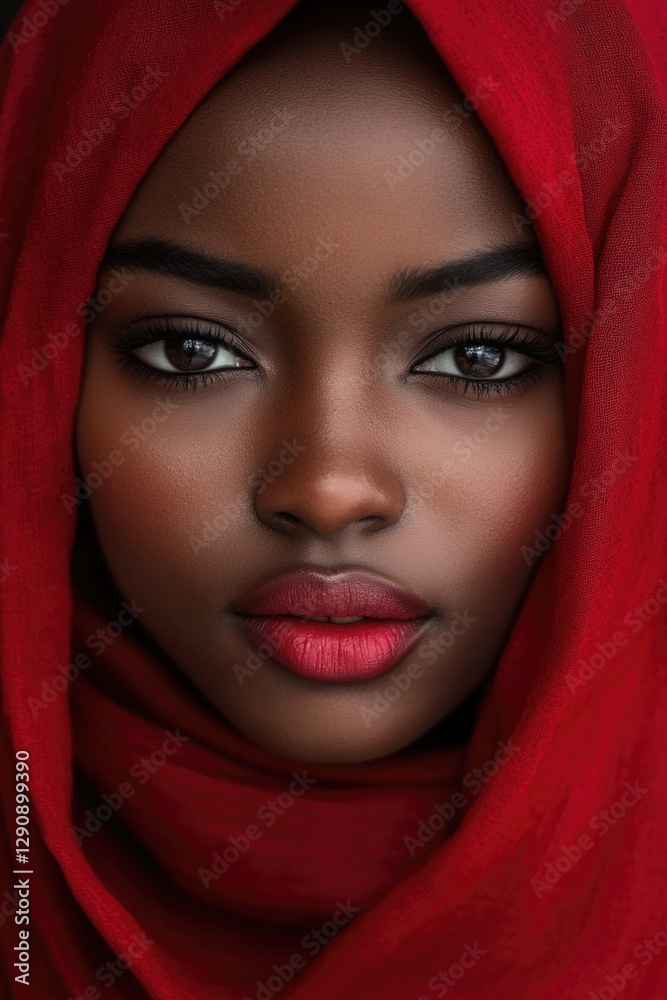 Aufkleber a close-up shot of a woman wearing a bright red scarf, ideal for use in editorial or commercial cont