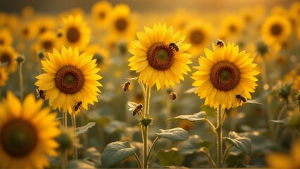 Obraz premium Vibrant sunflowers with bees buzzing in a golden field during sunset.