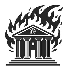 Silhouette of a burning bank building, symbolizing financial crisis, collapse, or economic instability.