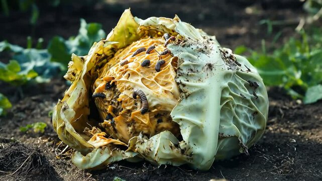 A decayed cabbage in a garden, infested with insects and worms that have eaten through its leaves, The cabbage with holes and tears from the damage decaying	