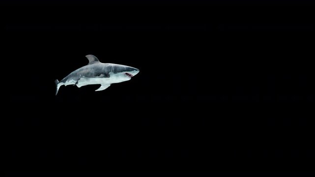 Realistic 3D animation of a great white shark swimming on a loop underwater with a low-angle view. Seamless loop in 4K resolution. Megalodon-inspired, the most fearsome predator in the ocean.