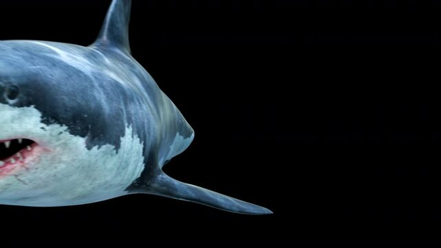 A terrifying great white shark slowly swims towards the camera, opens its jaws, and passes by in a seamless 4K loop. Includes clean alpha channel, perfect for VFX, films, games, and ocean-themed proje