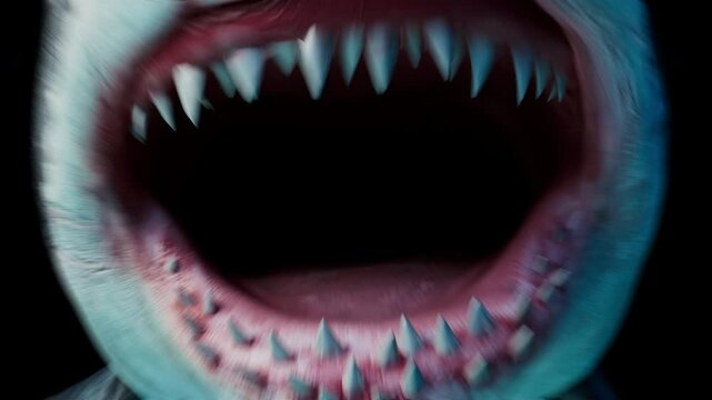 Great white shark swims to the camera slowly and open its jaws and attacks to the audience - scary Megalodon with big open jaw and eats the camera. the footage has a clean alpha channel in 4k res