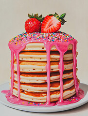 Delicious stack of pancakes with pink glaze, strawberries and colorful sprinkles on top