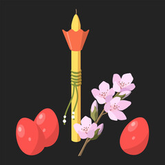 Large children's candle with protective cup, almond branch and red eggs. Greek resurrection. Easter customs from different countries. Vector illustration.